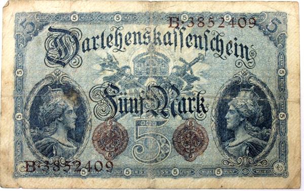 Банкнота 5 марок. Германия. 1914 г.