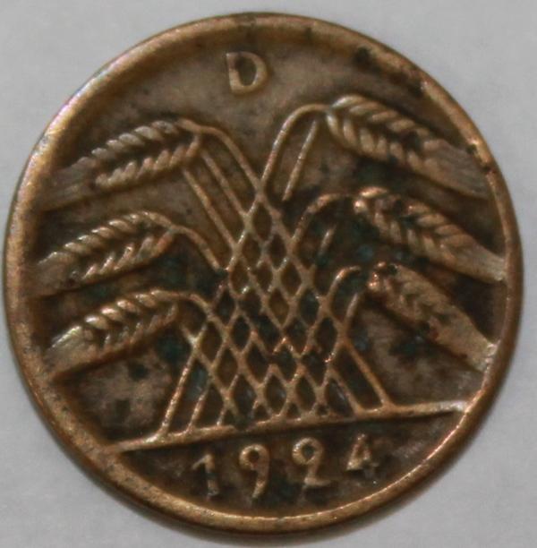 Монета 5 рентенпфеннигов.Германия.  1924г